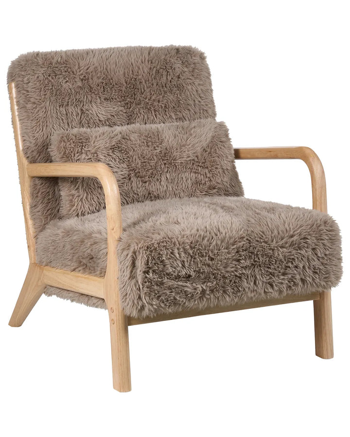 Fluffy brown chair with wooden frame on a white background