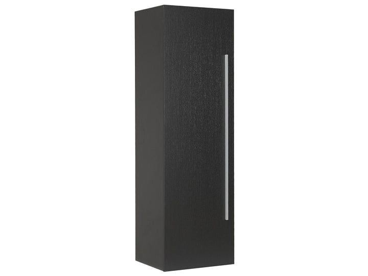 Black cabinet with a silver handle on a white background