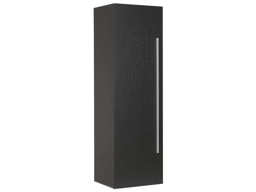 Black cabinet with a silver handle on a white background