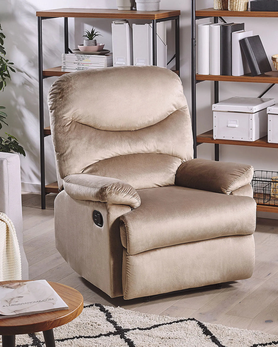 Beige recliner chair in a living room setting with shelves and a rug.