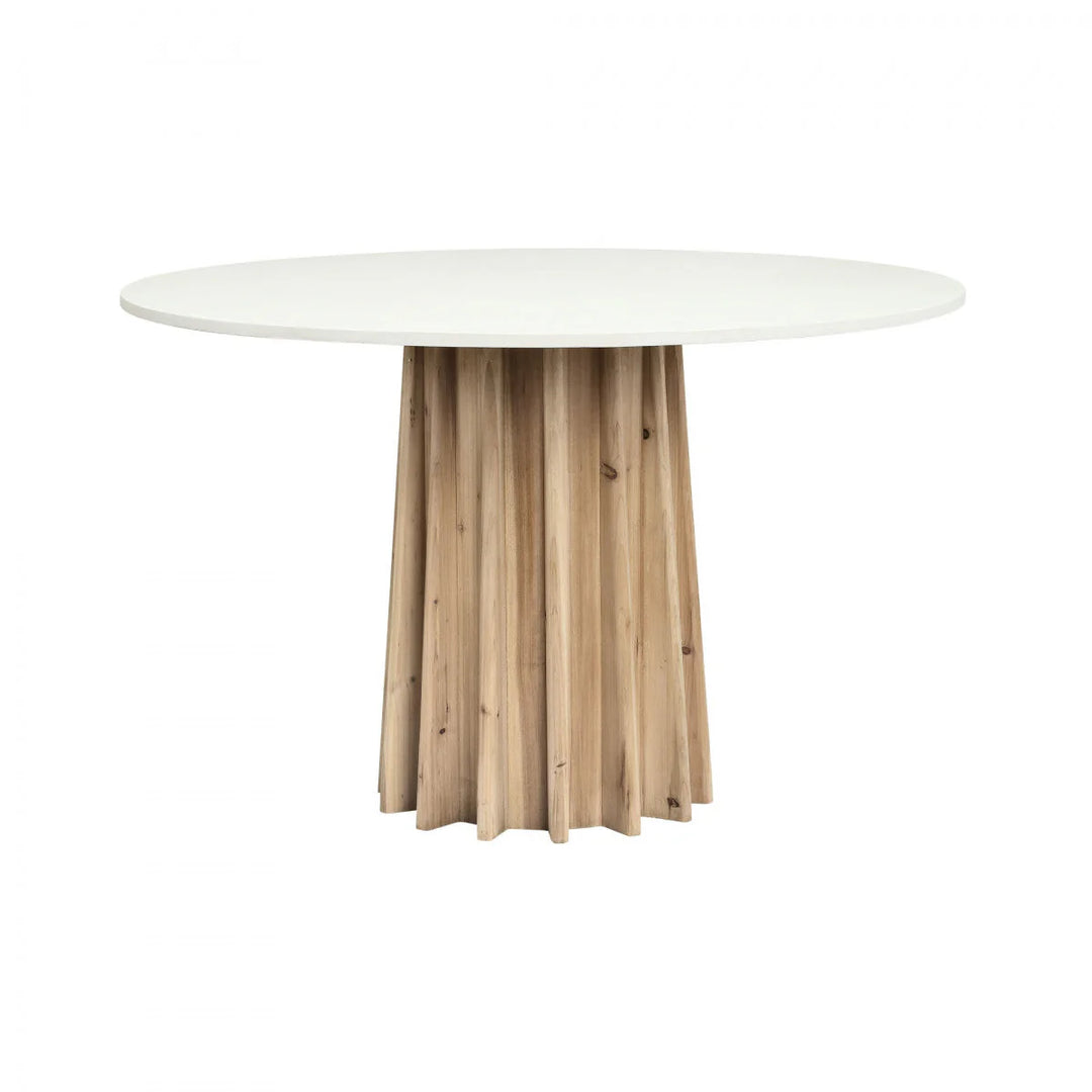 Round table with a white top and wooden base on a white background