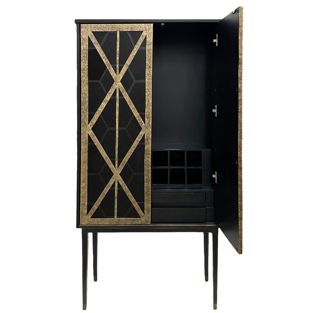 Black cabinet with gold geometric design on a white background