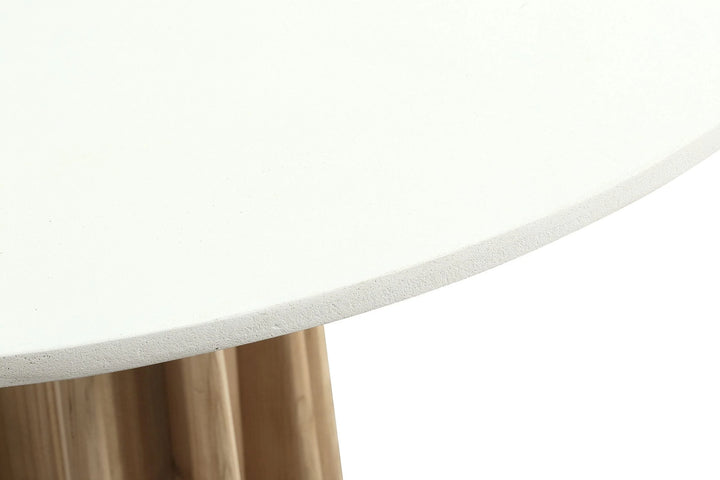 Close-up of a white round table with a metallic base on a white background