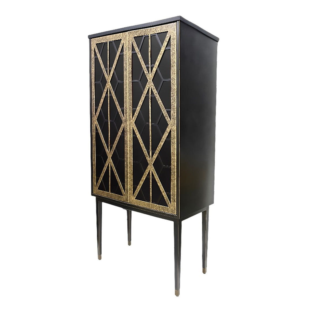 Black cabinet with gold geometric patterns on a white background