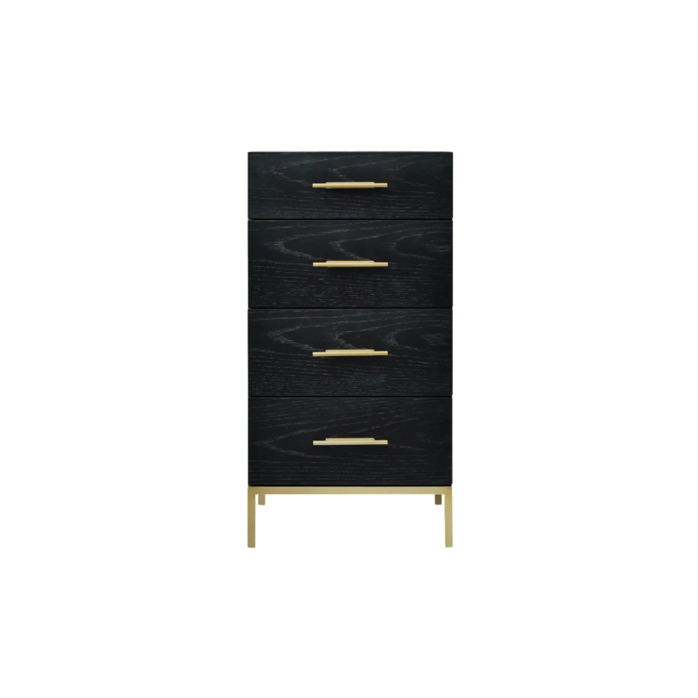 Black dresser with gold handles on a white background