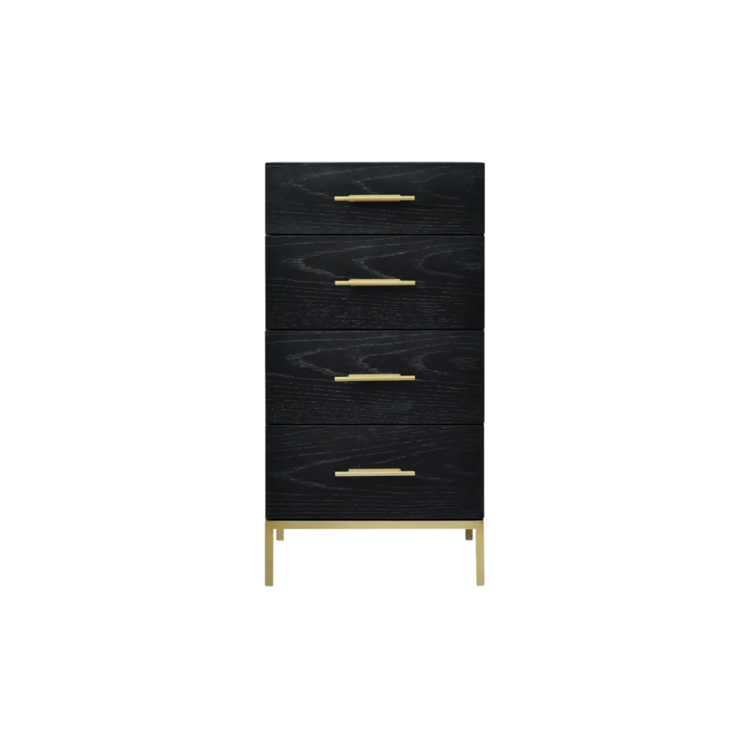 Black dresser with gold handles on a white background