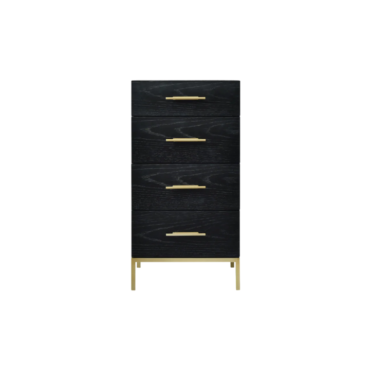 Black dresser with gold handles on a white background