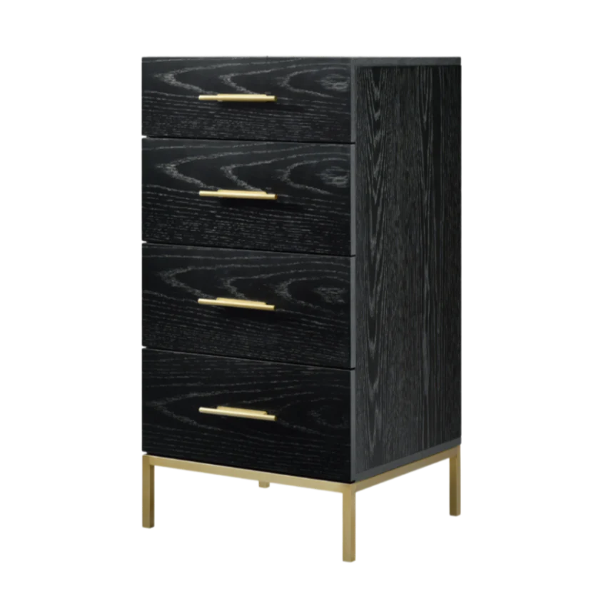 Black wooden dresser with gold handles on a white background