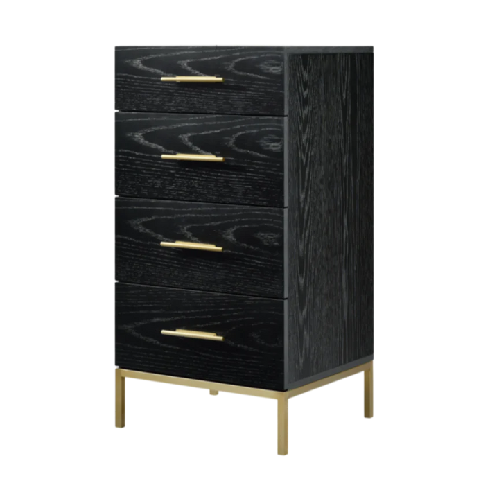 Black wooden dresser with gold handles on a white background