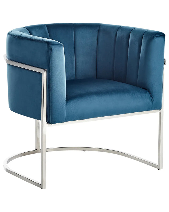 Blue upholstered chair with metal frame on a white background