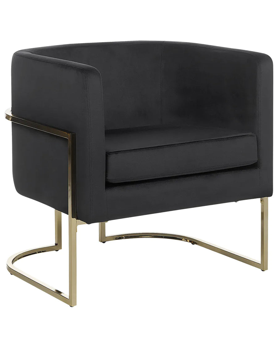 Black armchair with gold metal legs on a white background