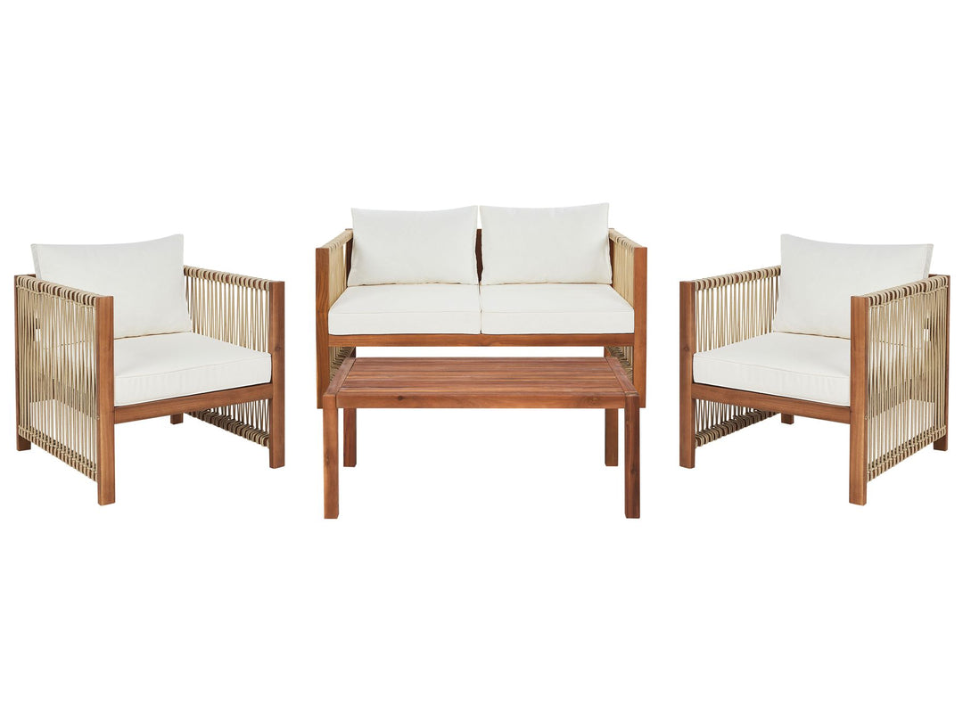Outdoor furniture set with wooden frames and white cushions on a white background