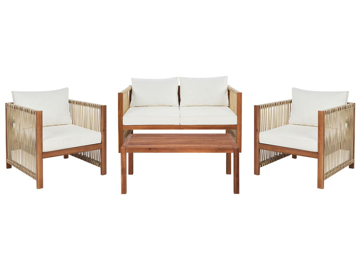 Outdoor furniture set with wooden frames and white cushions on a white background