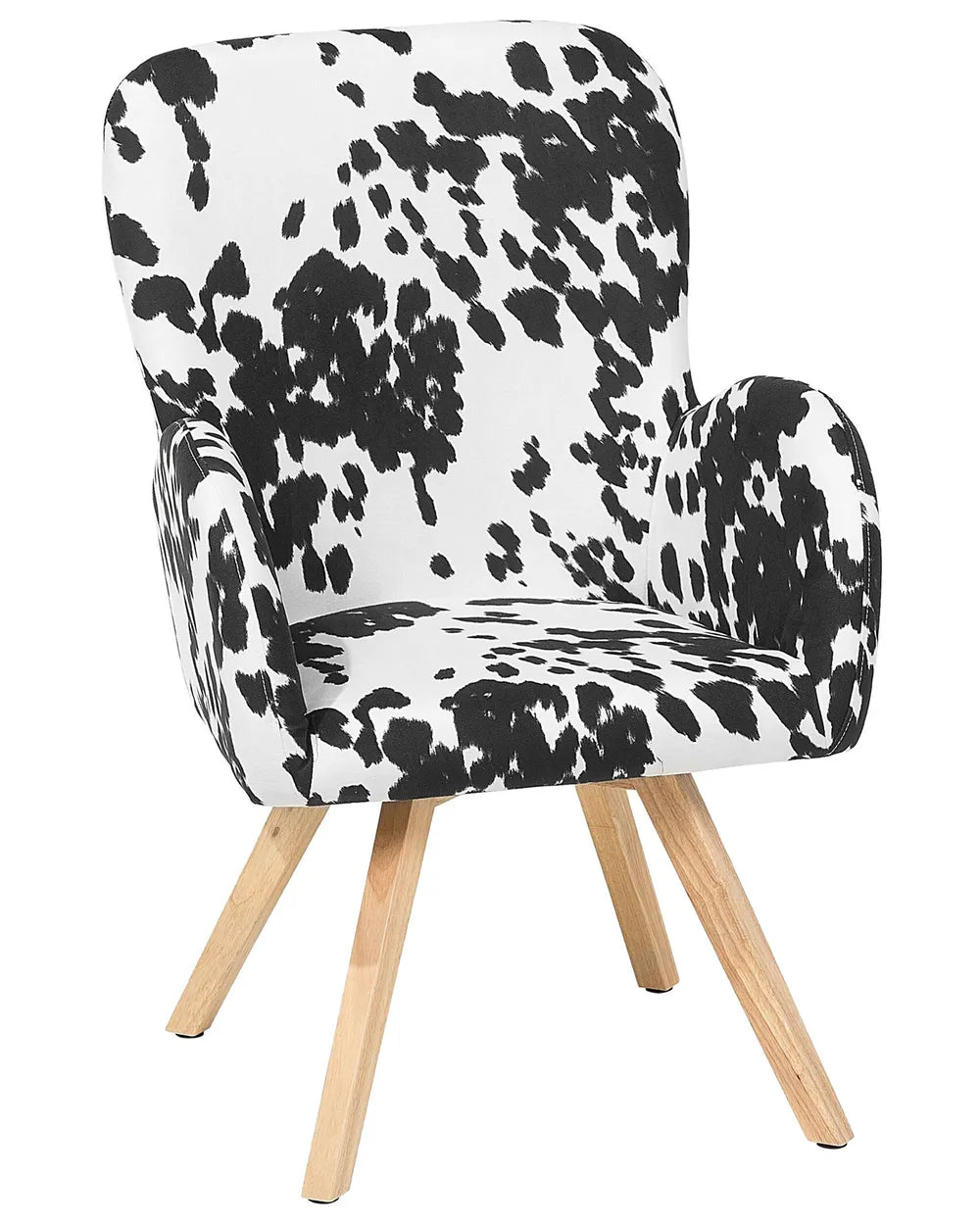 Chair with black and white cow print pattern on a white background