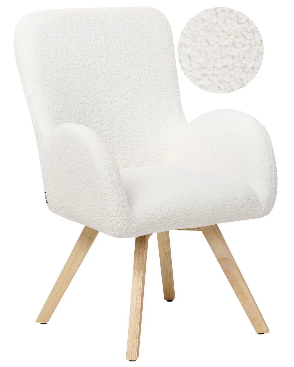 White upholstered chair with wooden legs on a white background