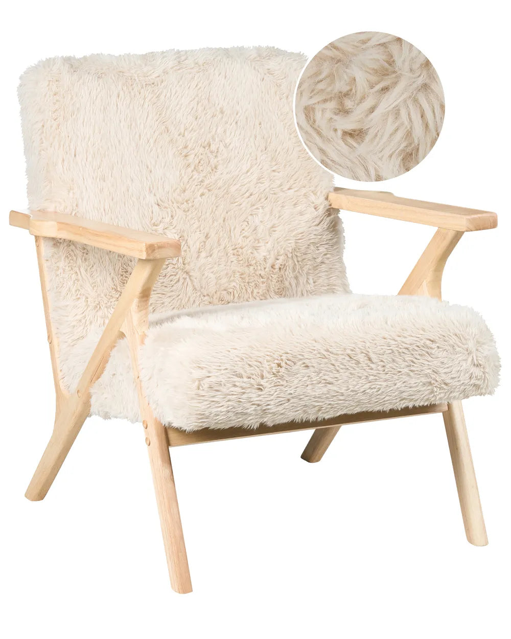 Beige armchair with fluffy texture and wooden frame on a white background