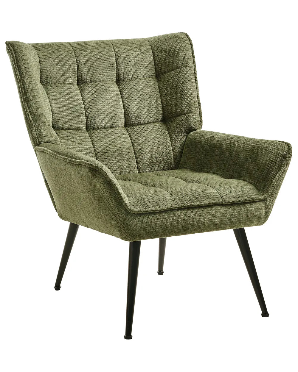 Combines robust craftsmanship with a refined green fabric upholstery.
