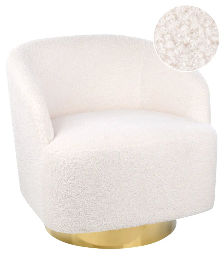 White upholstered chair with gold base on a white background
