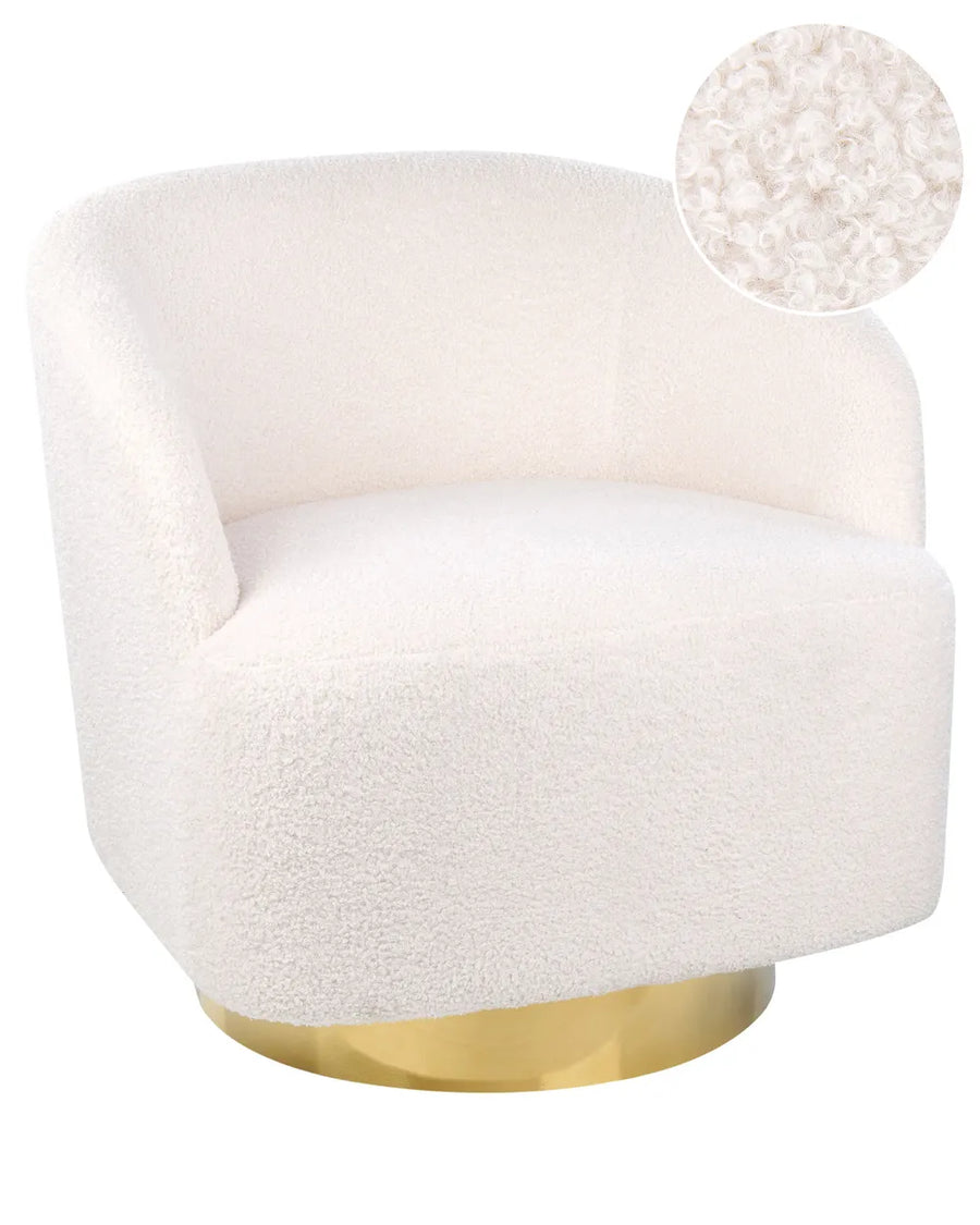 White upholstered chair with gold base on a white background