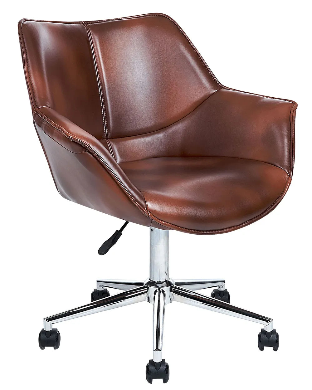 Brown leather office chair with chrome base on a white background