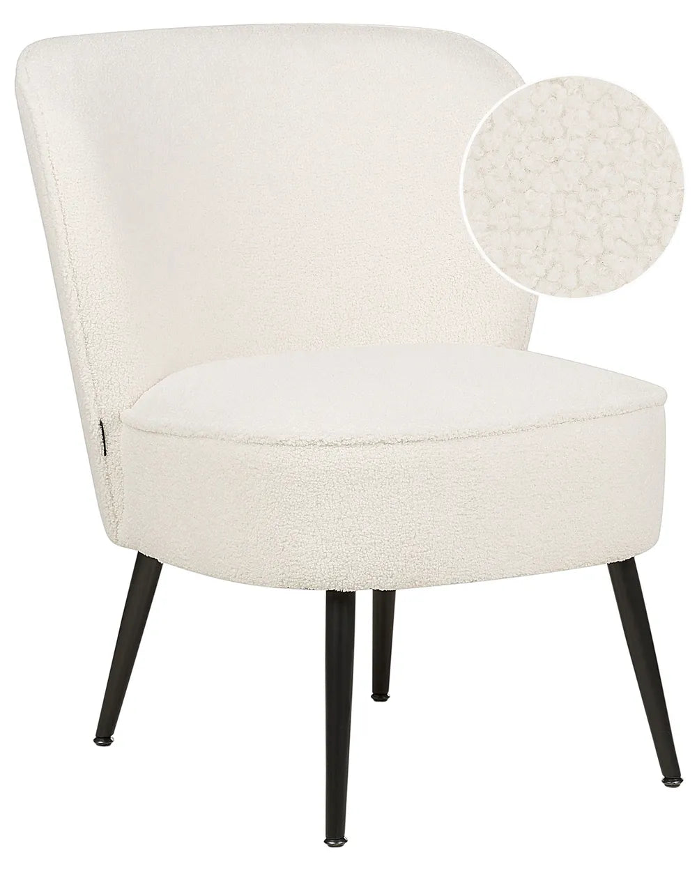 White upholstered chair with black legs on a white background