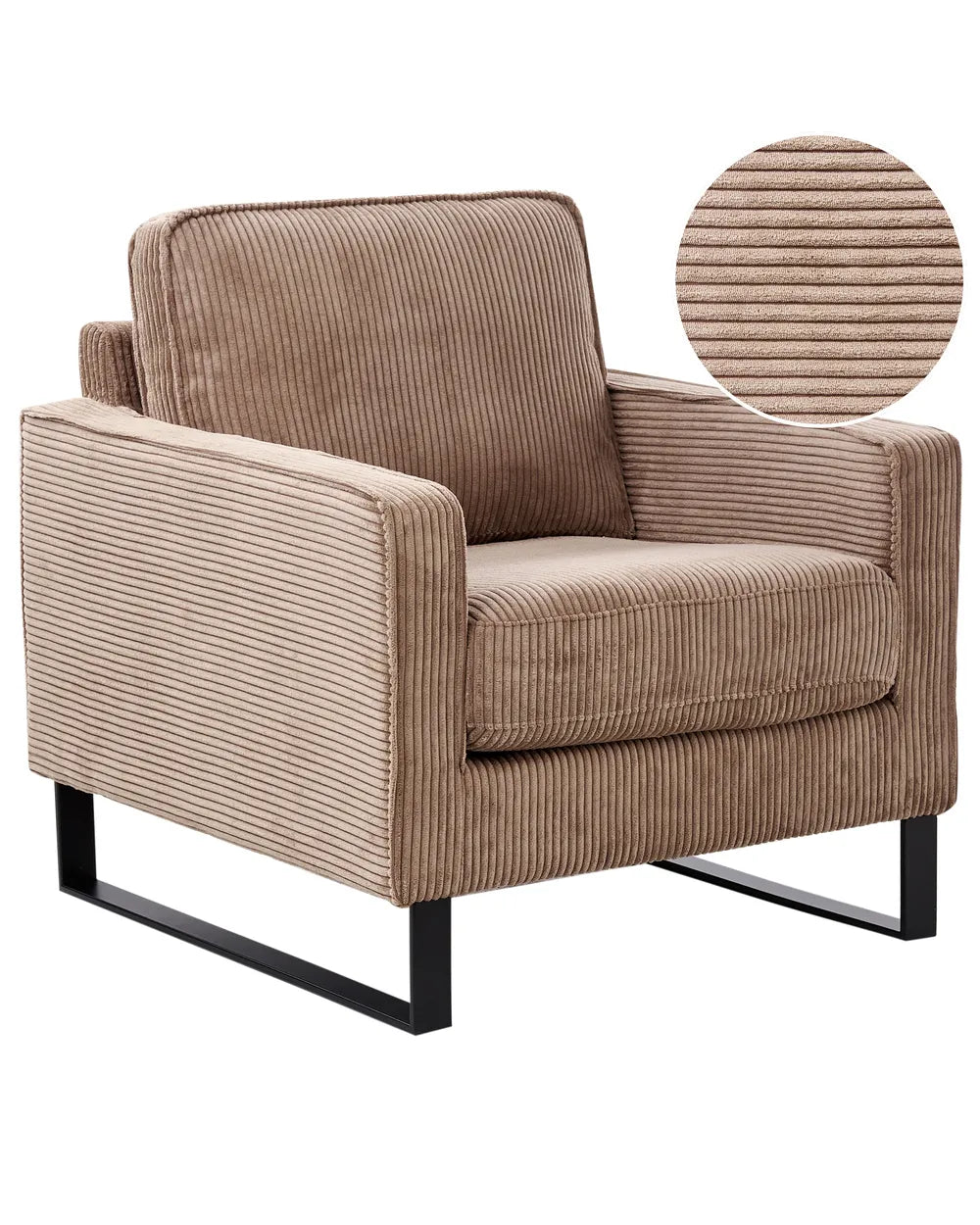 Brown armchair with close-up of fabric texture on a white background