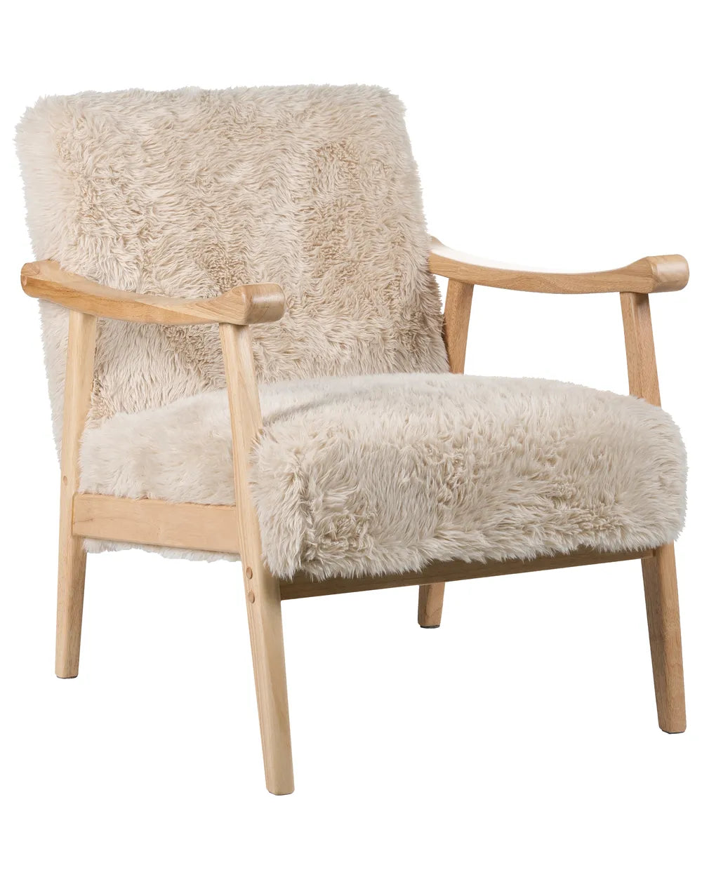 Chair with beige fur upholstery and wooden frame on a white background