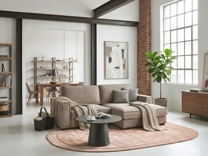 Modern living room with a sectional sofa, coffee table, and decorative elements.