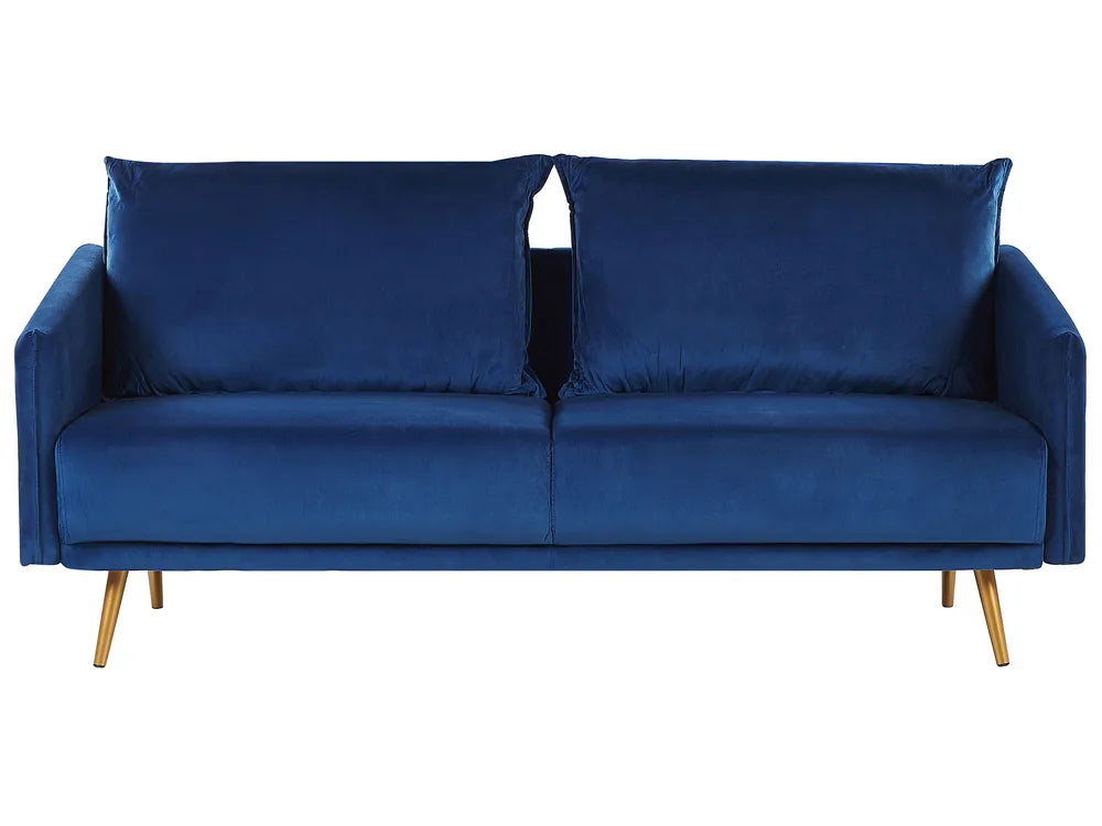 Blue sofa with wooden legs on a white background