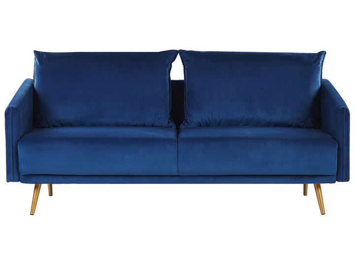 Blue sofa with wooden legs on a white background