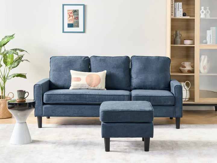 Sofa 3 Seater Fabric Dark Blue with Ottoman Assuntino