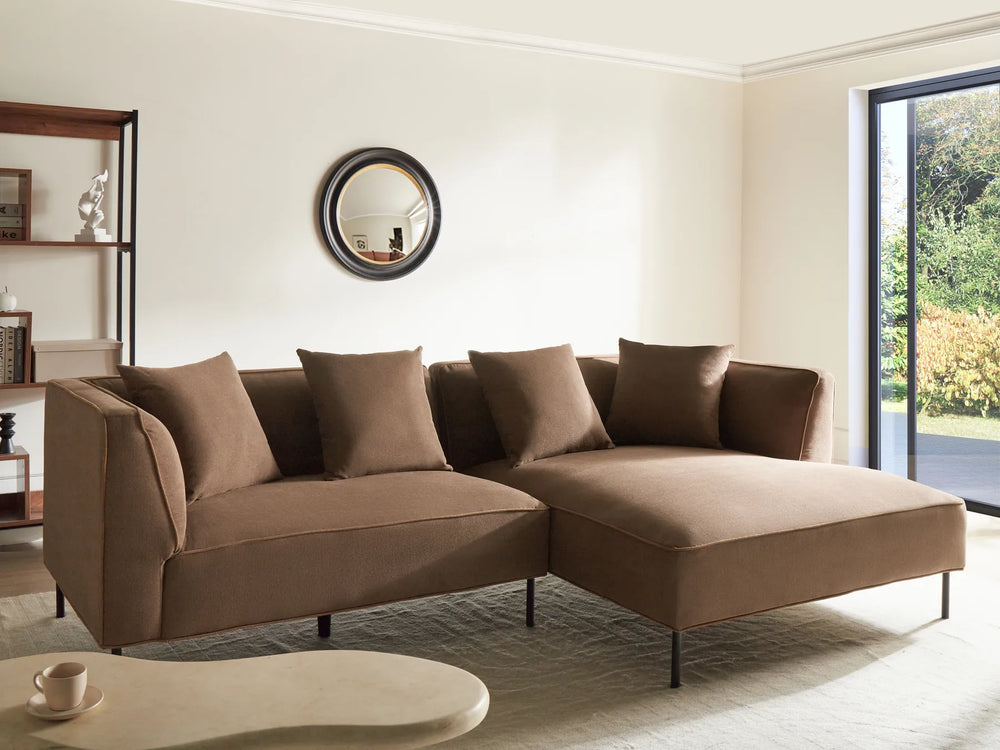 Left hand brown corner sofa with metal legs living room