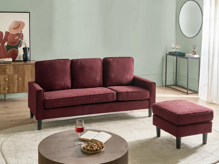 Sofa 3 Seater Fabric Burgundy with Ottoman Assuntino