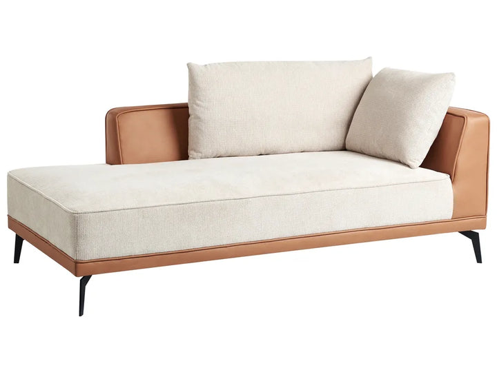 Sofa with beige cushion and brown frame on a white background