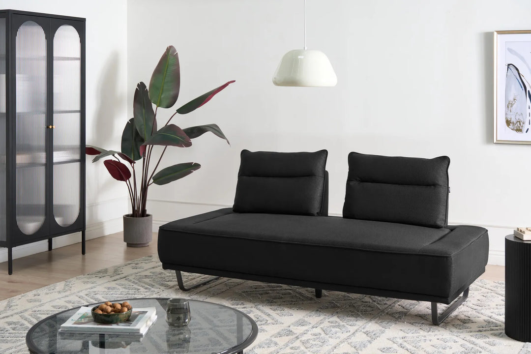 Black sofa bed in a modern living room with a plant and coffee table.