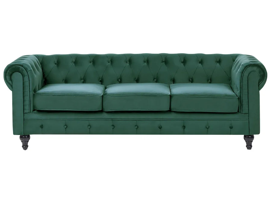 Green leather sofa with tufted backrest on a white background
