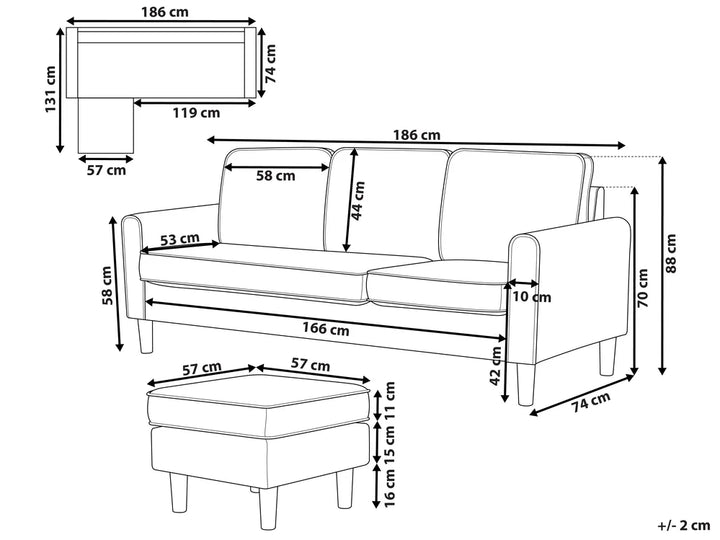 Sofa 3 Seater Fabric Burgundy with Ottoman Assuntino