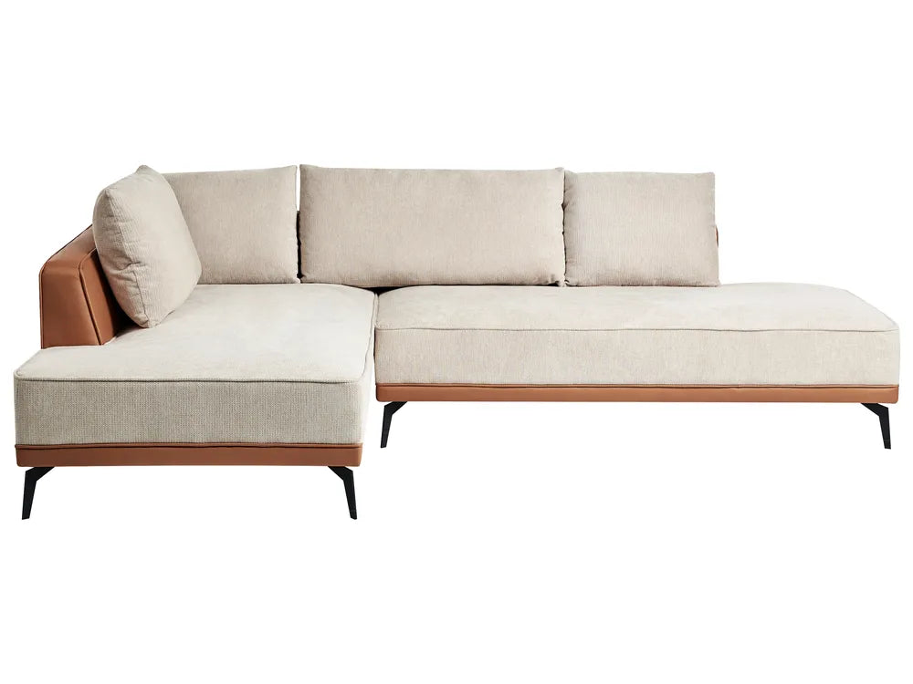 Beige sectional sofa with brown armrests on a white background