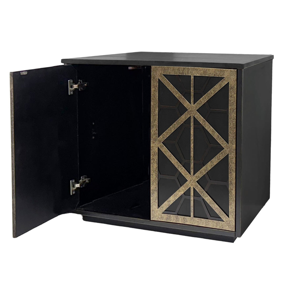 Black cabinet with geometric pattern on a white background