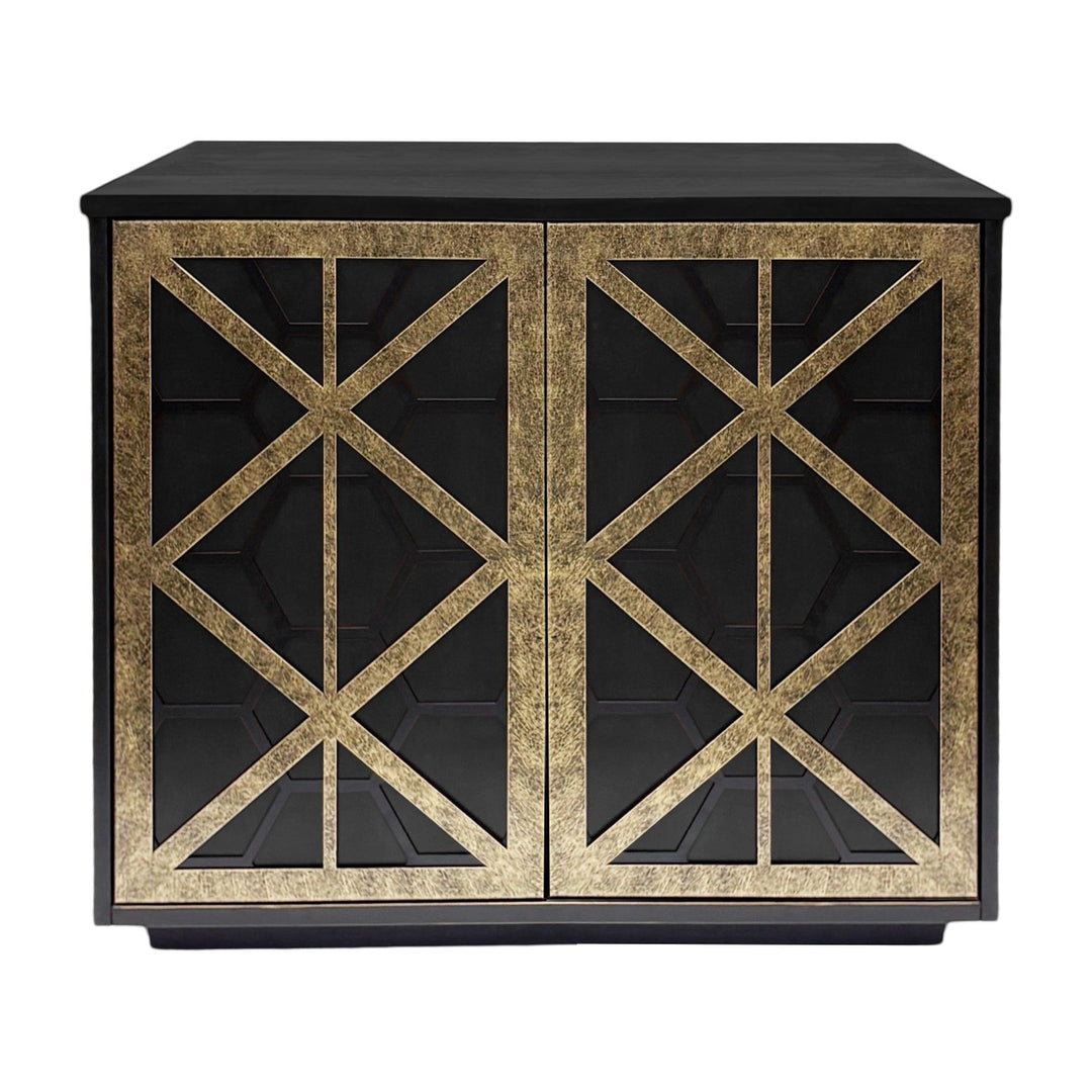 Black cabinet with gold geometric patterns on a white background