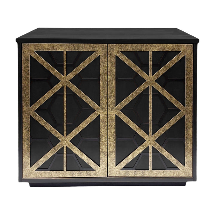 Black cabinet with gold geometric patterns on a white background