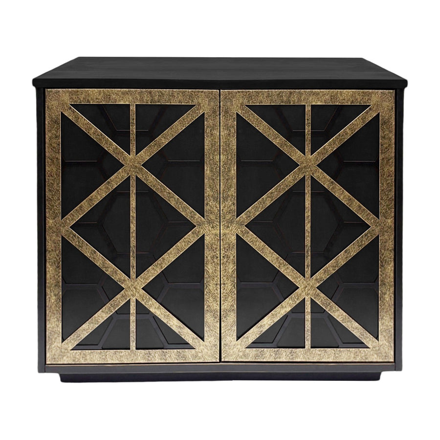 Black cabinet with gold geometric patterns on a white background