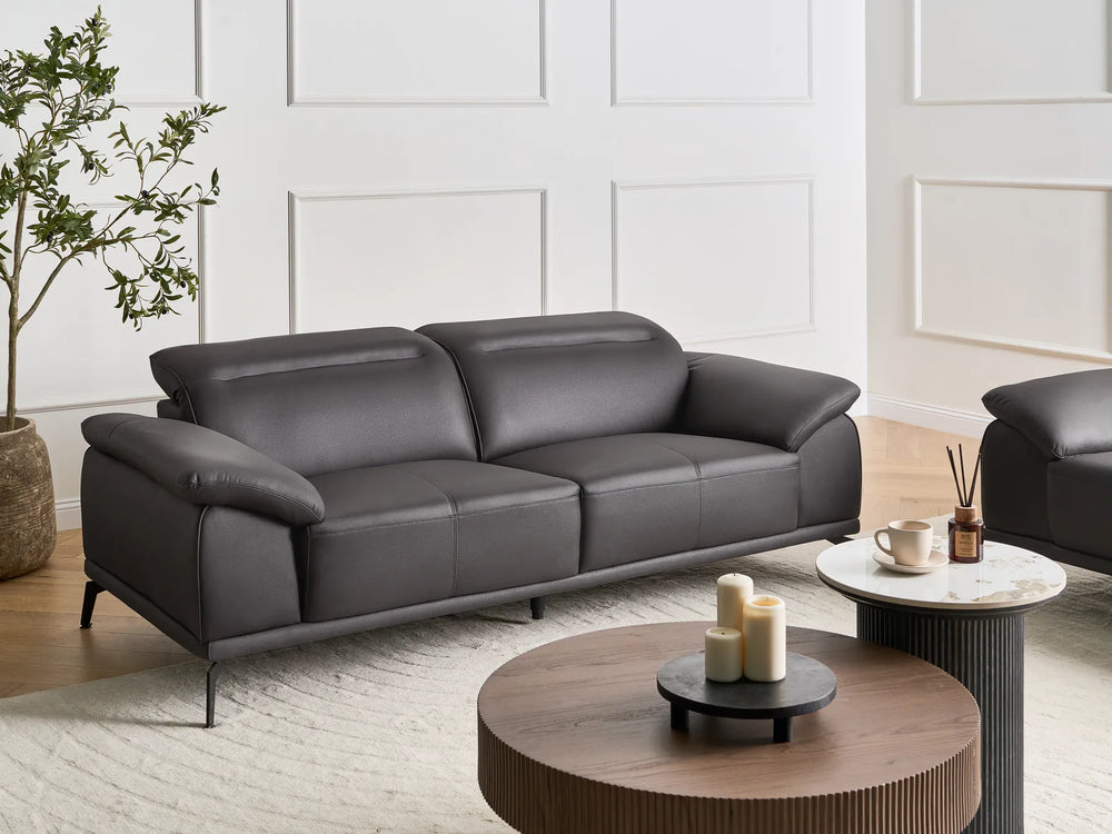 Gray leather sofa in a modern living room with wooden coffee table and decorative items.