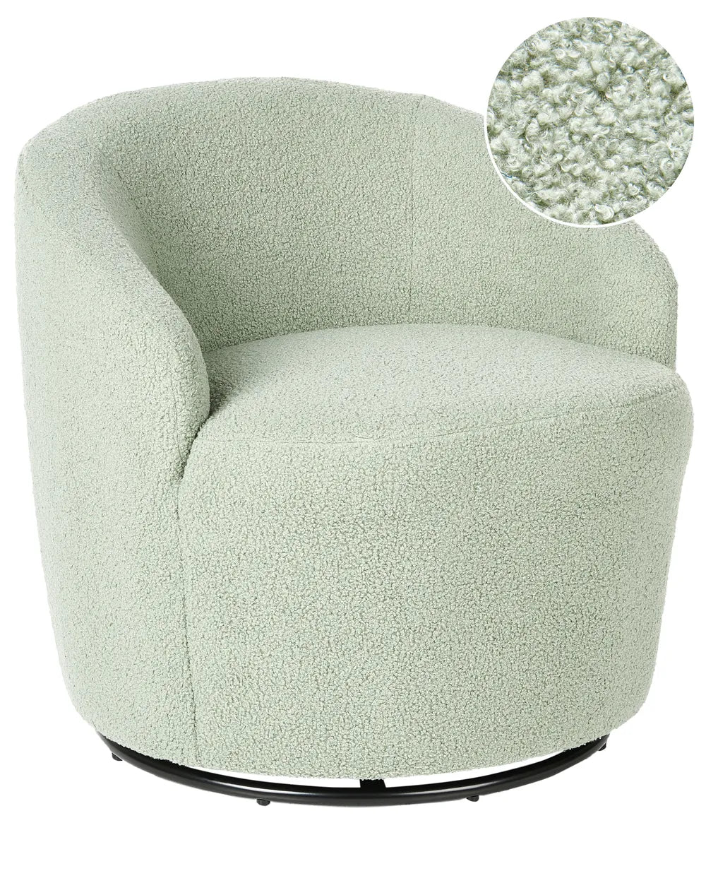 Light green swivel chair with close-up of fabric texture on a white background