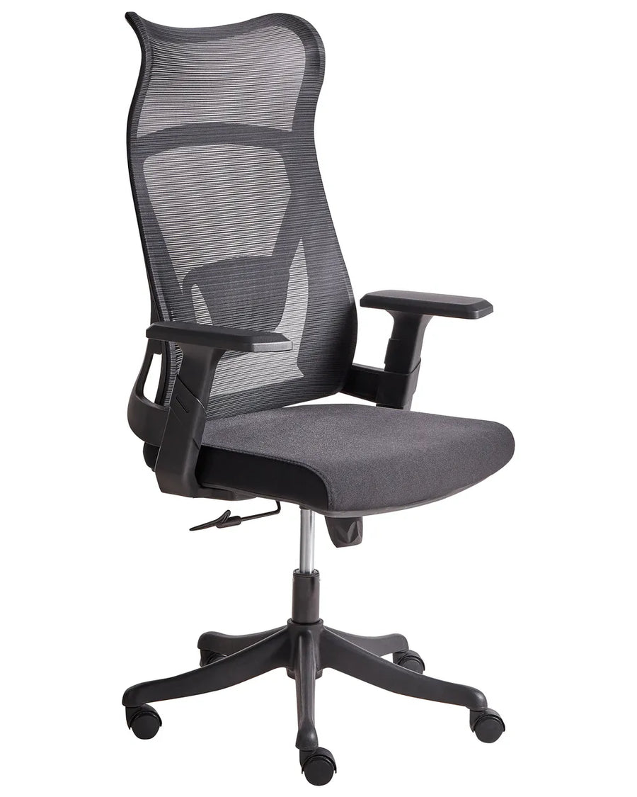 Gray office chair with mesh back and black base on a white background