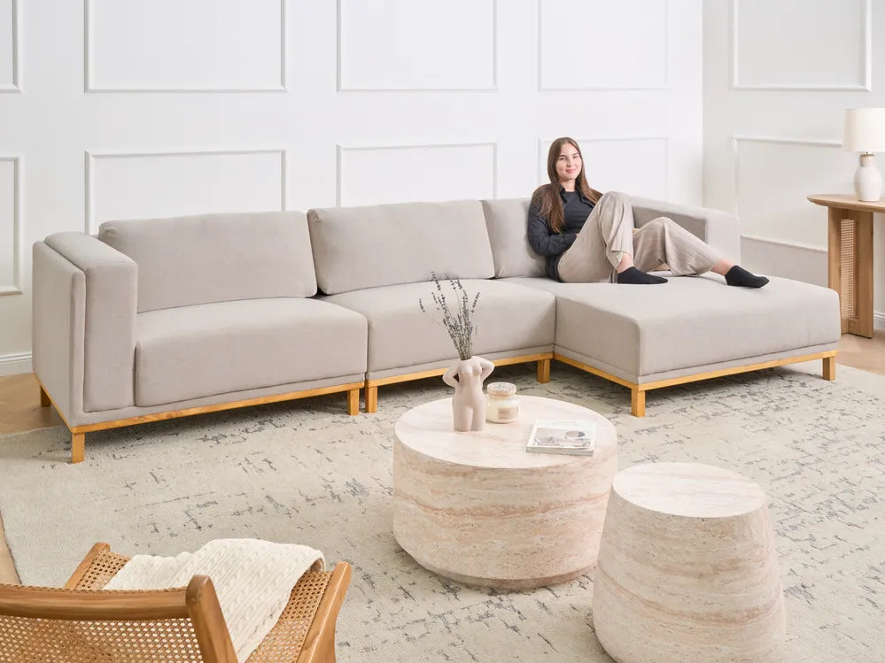 Corner Sofa 5 Seater VEN Fabric Light Beige Left Hand Josanna