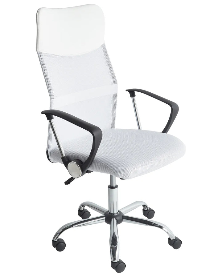 White office chair with black accents on a white background