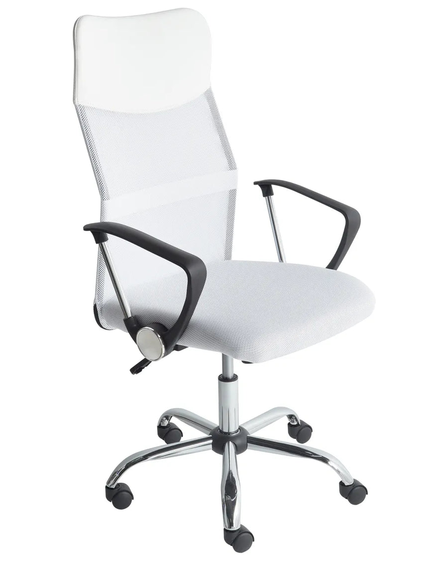 White office chair with black accents on a white background