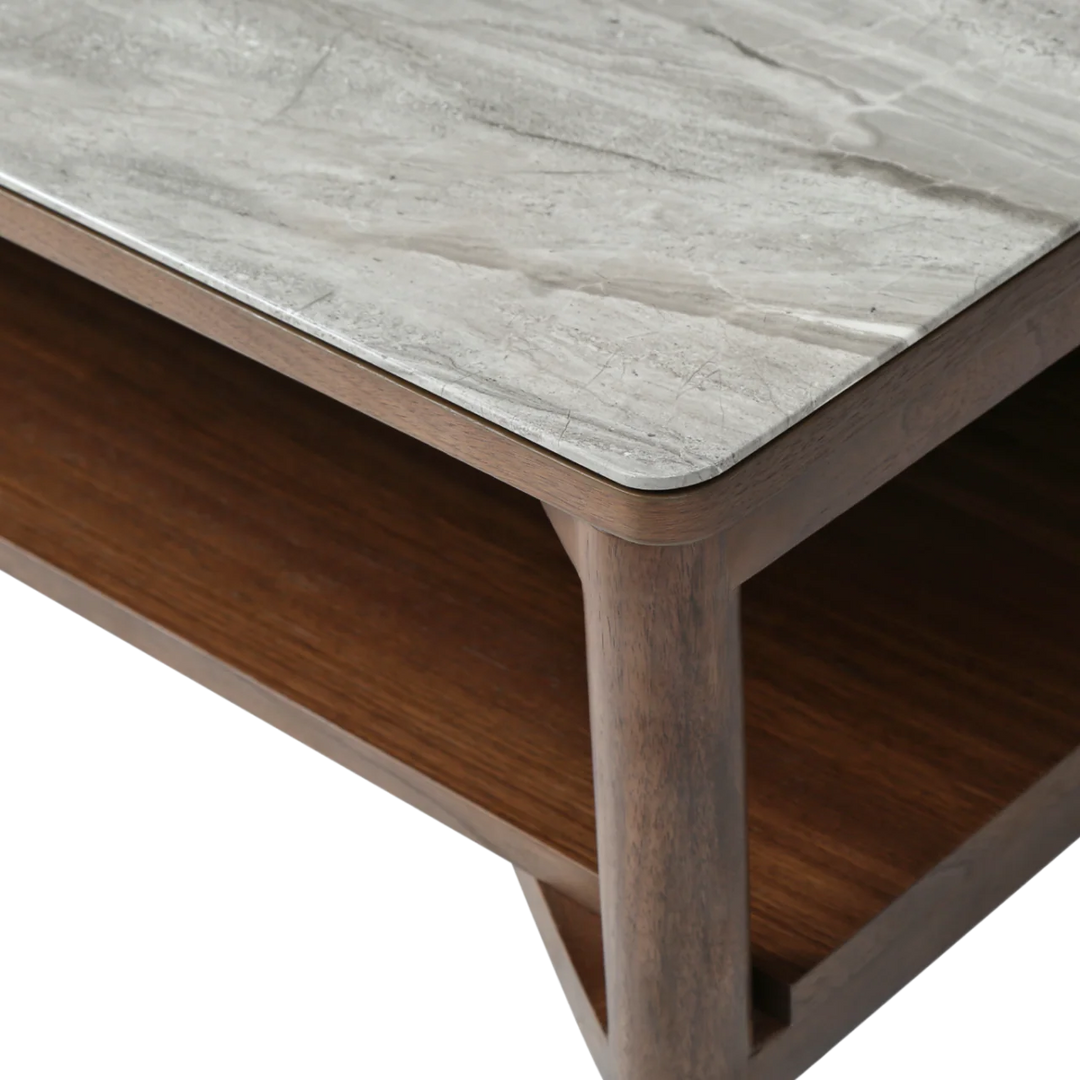 Willow Walnut Brown Wood & Grey Marble Rectangle Coffee Table