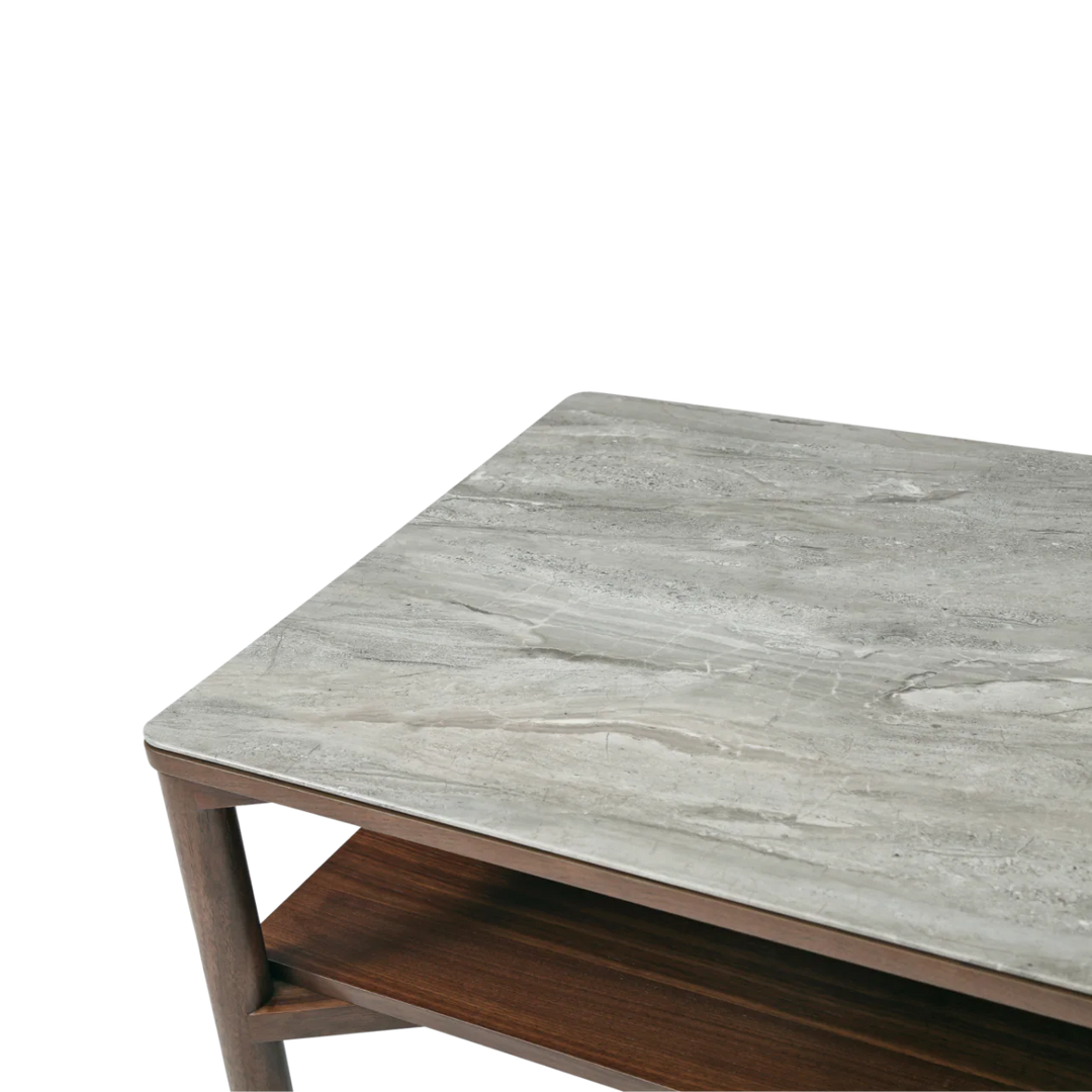 Willow Walnut Brown Wood & Grey Marble Rectangle Coffee Table